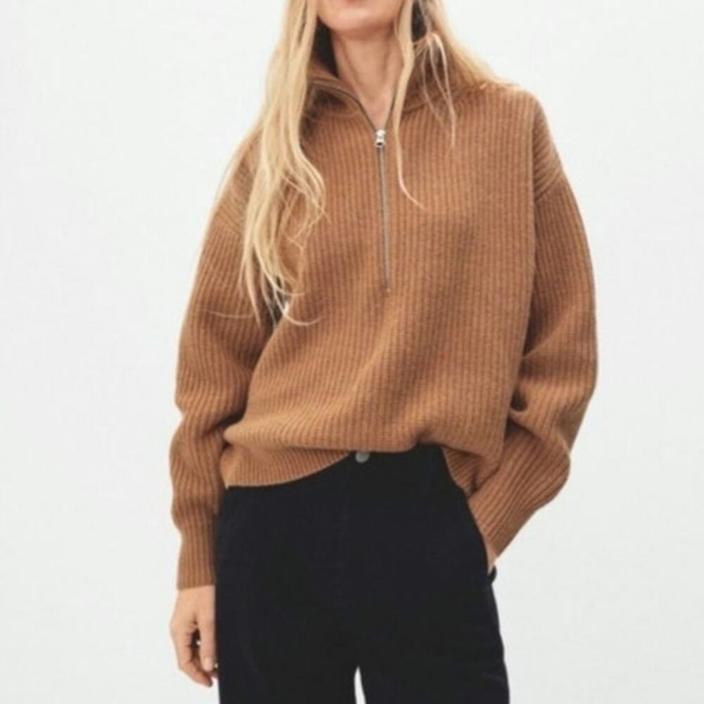 Everlane The Half-Zip Wool Ribbed Knit Sweater Long Sleeve Camel Tan S Classic - Picture 12 of 16